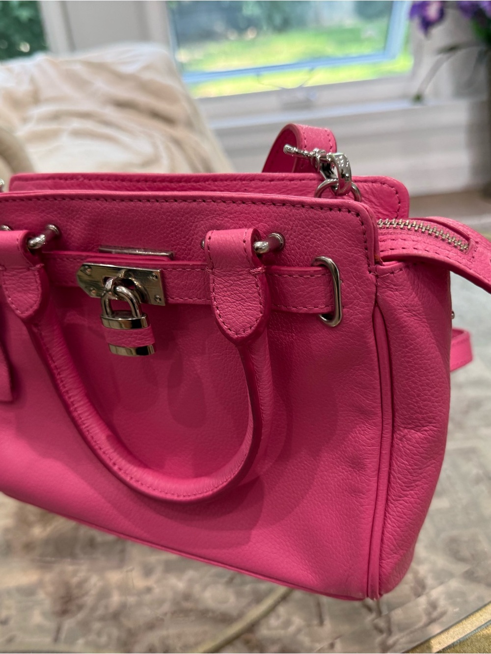 Danier Hot Pink Leather mini Satchel with Silver Hardware